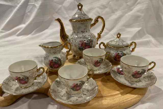 Original Arnart Creation Japan- Teapot, Sugar, Creamer, 4 Footed Cups/Saucers