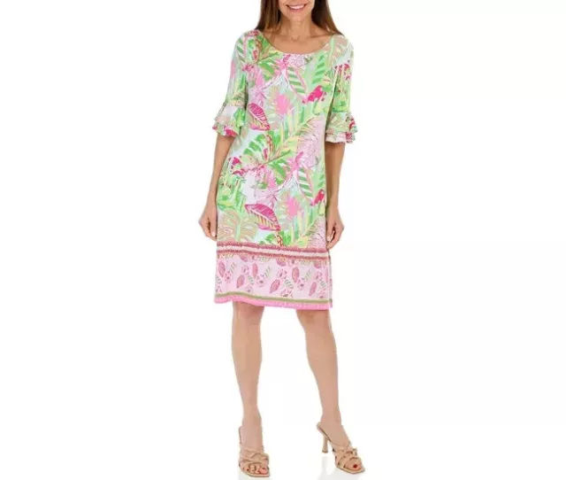 Pappagallo Erika Shift Dress Oasis Print Tropical Flutter Sleeve Women's Medium