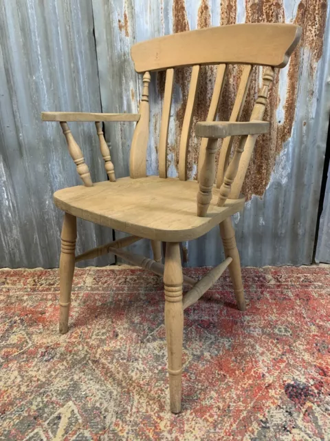 Antique Victorian Rustic Chair Slat Back Armchair Wooden Carver Pine Beech Pale