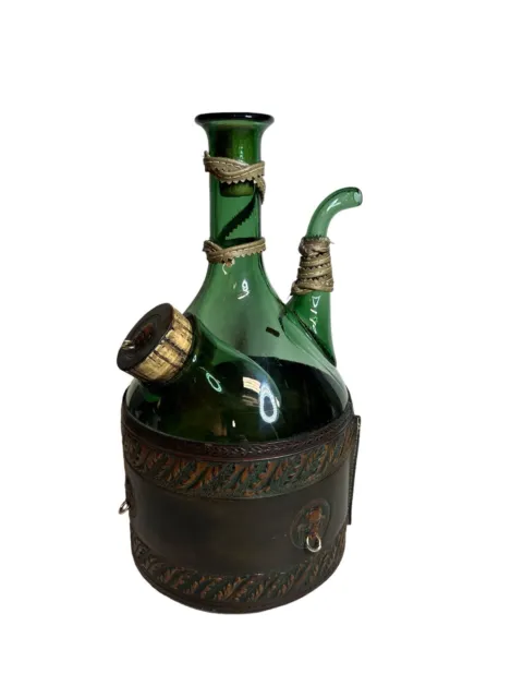 Vintage Rare Hand blown Leather Wrapped Italian Green Glass Decanter Nice Bottle
