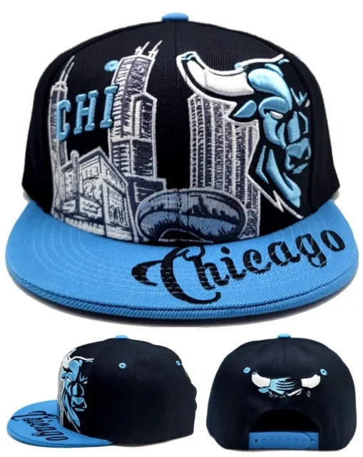 Chicago New Leader Downtown Angry Bull Bulls Black Sky Blue Era Snapback Hat Cap