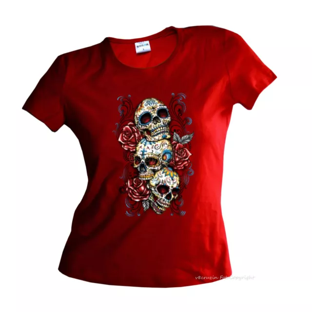 * T-shirt donna ragazza tatuaggio flash - motivo teschio gotico *1018 rosso 2