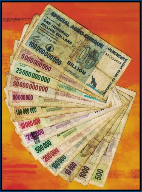 500 to 100 Billion Dollars Special Agro Cheque Zimbabwe 2008 Set of 14 Banknotes