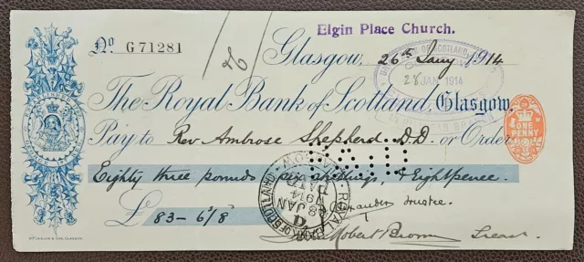 1914 Royal Bank of Scotland, Glasgow Branch Cheque from Elgin Place Church