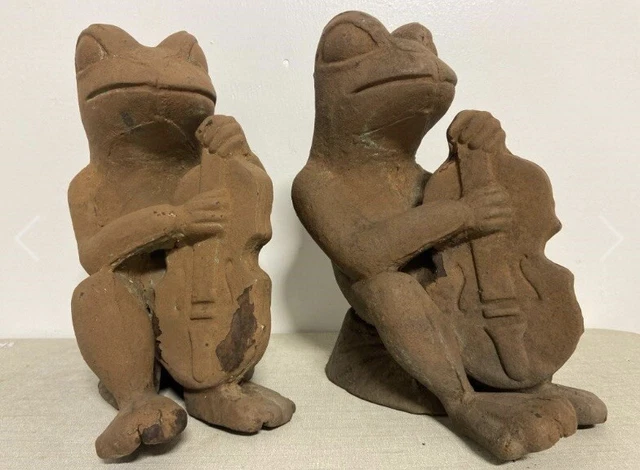 Anthropomorphic Cast Iron Frog Pair Musician Garden Statues
