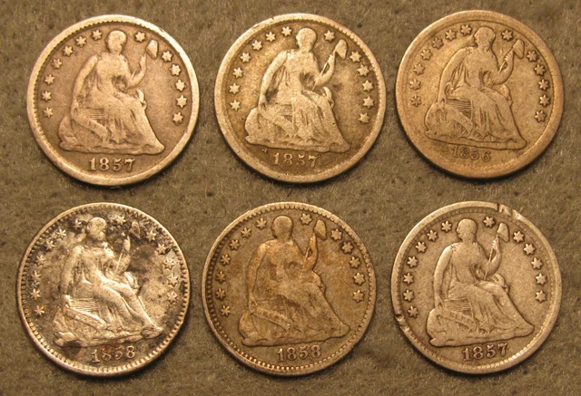 6 Piece Seated Liberty Silver Half Dime Old US Coin Lot 1856 (3)1857 & (2)1858