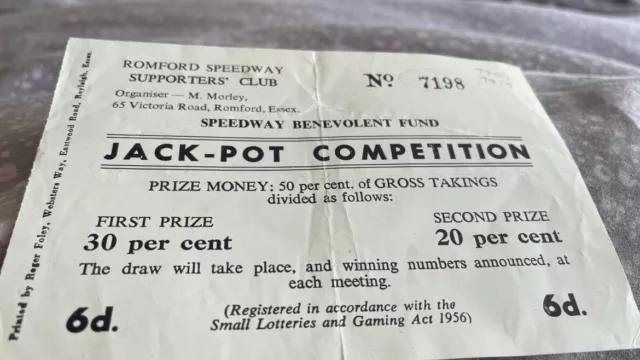 Romford Bombers--Ben Fund--Jackpot Competition Ticket--1960'S