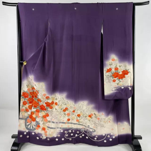 Japanese Silk Kimono Vintage Furisode Gold Gorgeous Purple Moutan Vehicle 64in