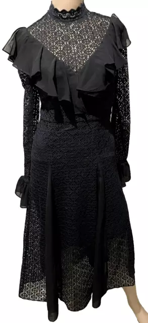 Temperley London Black Embroidered Prairie Lace Ruffle Midi Dress US 2 / UK 6