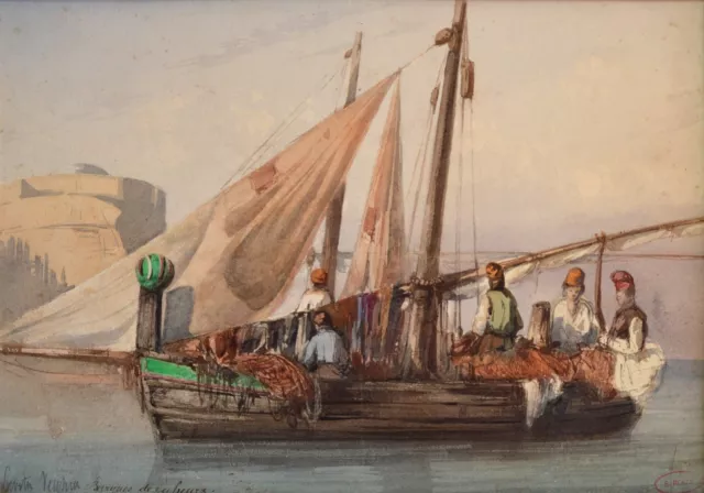 ROUX Emile (1822-1915) "Barques de pêcheurs à Civita Vecchia" Italie Rome