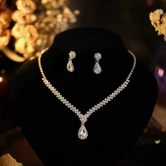 925 Silver Fashion Women Lady Wedding Crystal Necklace Earring Ring Jewelry Set