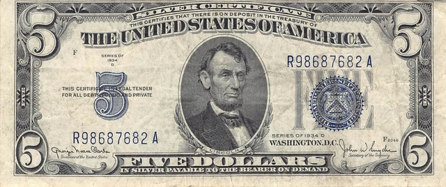 1934-D $5 Silver Certificate Blue Seal Dollar Bill (PM104)