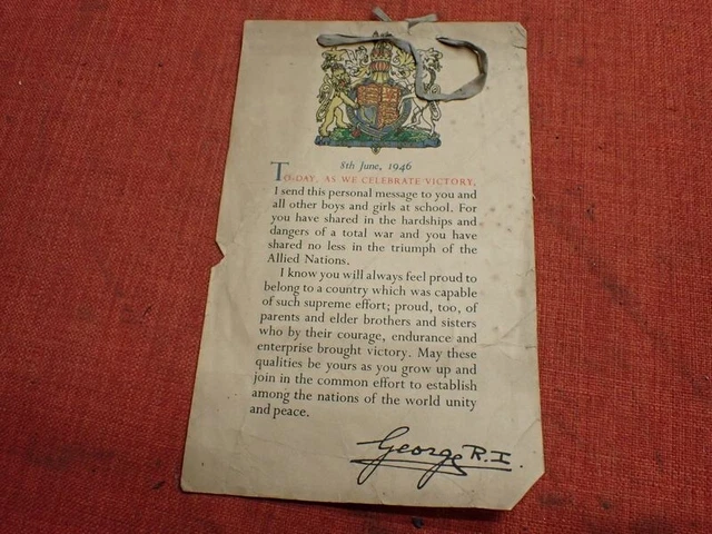 ORIGINAL WW2 BRITISH Certificate Kings Message To School Children 1946