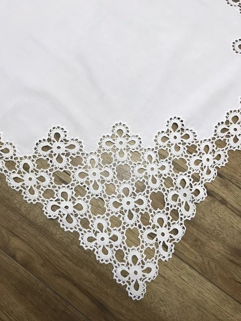 tablecloth Vintage white cotton deep hand crochet lace 39 Inches Square 39”