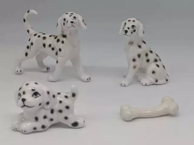 Set Of 3 Vintage Miniature Bone China Dalmatian Dogs & Bone Figurines