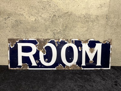 Antique Porcelain Rooms Sign Cobalt Blue Early Advertising Trade Sign