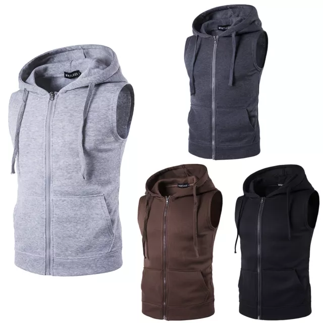 Mens Hooded Tank Tops  Zipper Hoddies Sport Casual Pullover Shirts with Pockets