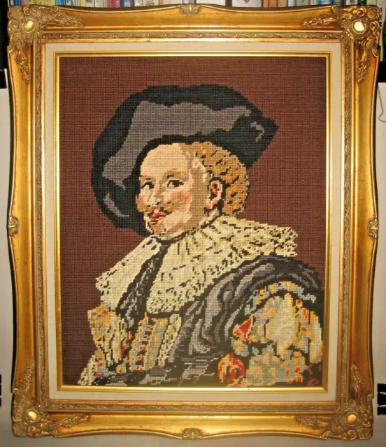 The Laughing Cavalier (1624) 1980s large framed embroidery needlepoint picture