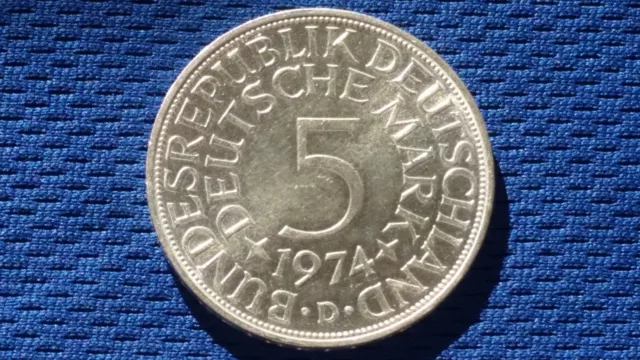 5 DM Silbermünze BRD 1974 "D" / Mark Silberadler Heiermann aus Nachlass