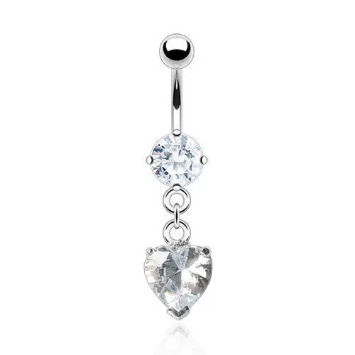 Round CZ Gem Heart Dangle 316L Surgical Steel Prong Set Navel Belly Ring