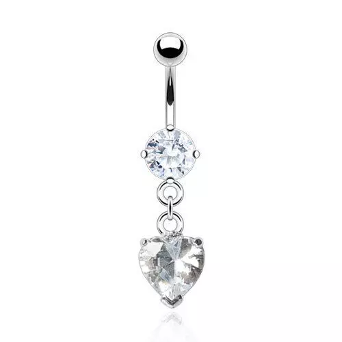 Round CZ Gem Heart Dangle 316L Surgical Steel Prong Set Navel Belly Ring