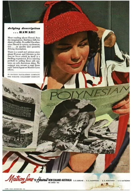 1940 Matson Line to Hawaii Cruise Ship woman reading on deck Vintage Ad