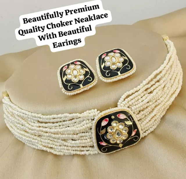 Bollywood Style Gold Plated Indian Choker Black Enameled Kundan Jewelry Set