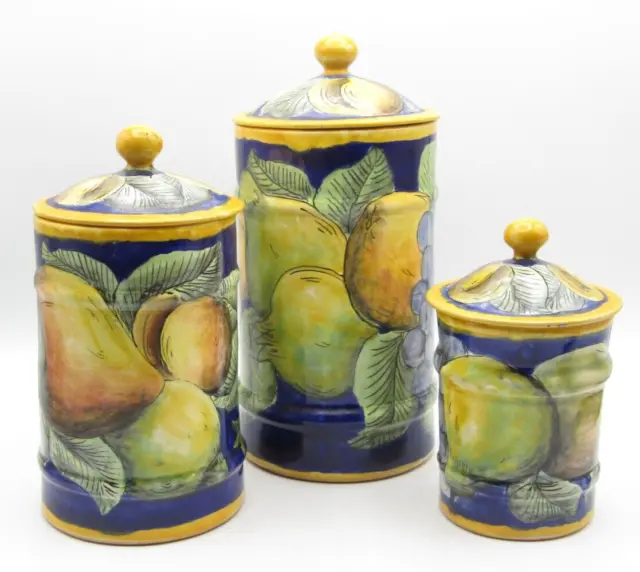 MEXICO POTTERY FRUIT DESIGN CANISTER JARS with LIDS - SET OF 3
