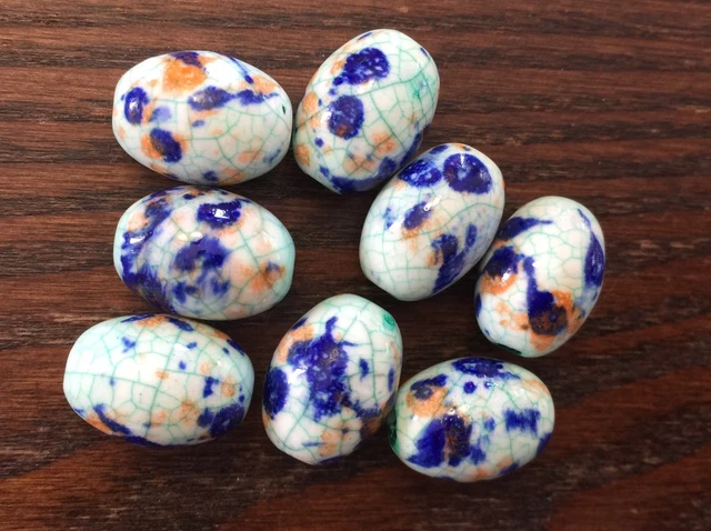 Vintage Old Japan Aqua Multi Splash Shattered Look Oval Glazed Ceramic Bead Lot