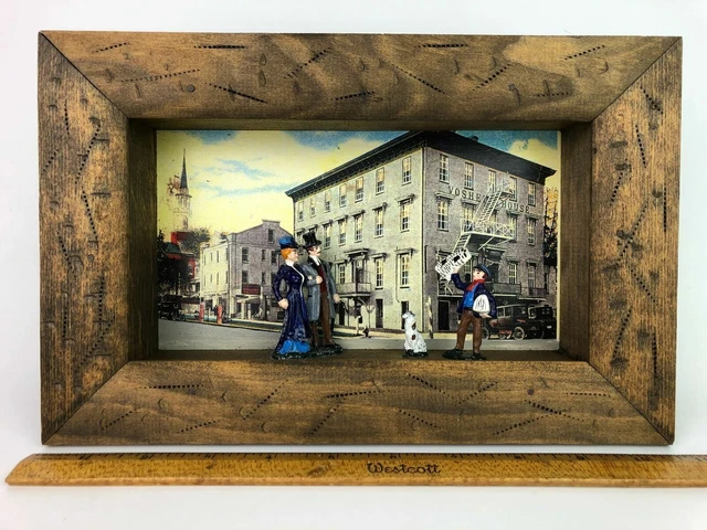 VTG FOLK ART Shadow Box Voshell House Newspaper Boy Couple Dog Lead