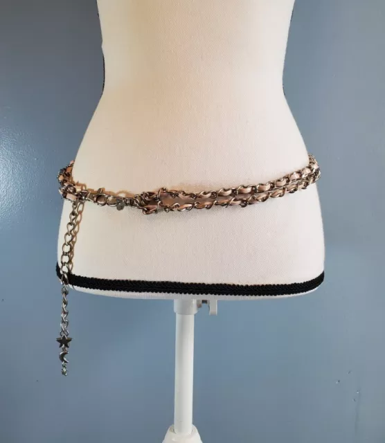 Double Chain Heavy Metal Silver & Pink Belt w/ Dangling Charms Moon Stars 34"