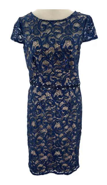 Jackie Jon New York Navy Blue & Nude Lace Sequin Beaded Cocktail Dress Size 4