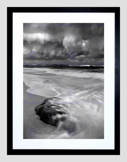 Nature Landscape Storm Sea Beach Black White Wave Framed Art Print B12X4076