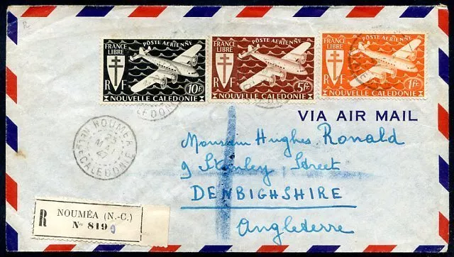 FRANCE NEW CALEDONIA TO GREAT BRITAIN Air Mail Registered Cover 1947 VF