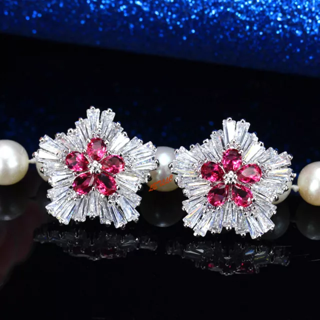 Cubic Zirconia Stud ICE FLOWER Earrings w simulated ruby sapphire emerald gift