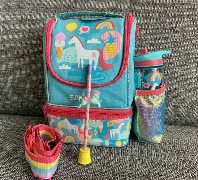 Girls Smiggle Junior Teal Unicorn Bag Lunch Box Drinks Bottle Set Strapped