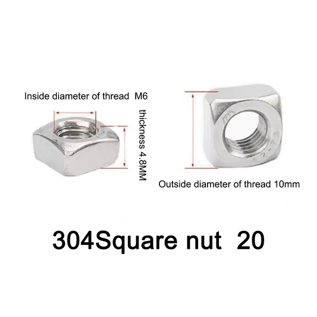 Set dadi quadrati resistenti alla ruggine 20 pz DIN562 SOTTILI Nu M6 A2 acciaio inox