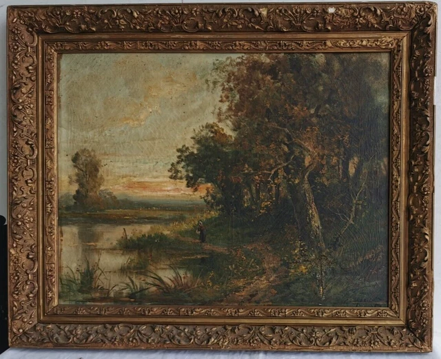 E MARIZET Tableau HUILE sur TOILE Debut XXe Signe FEMME au LAC Peinture oil 8