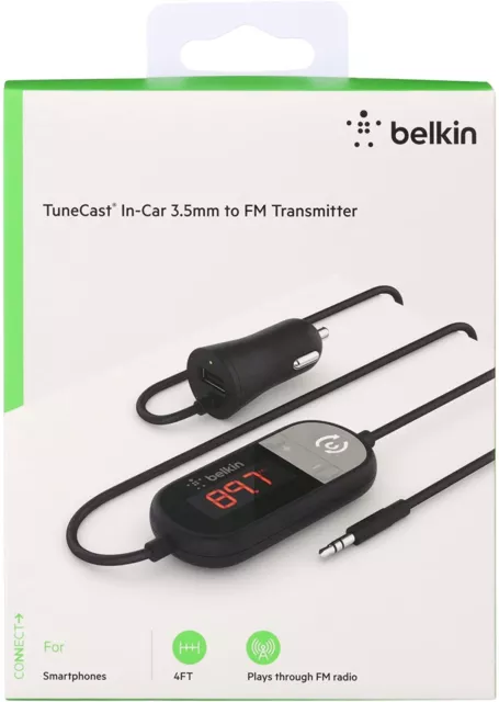 Belkin Connect TuneCast in-Car 3.5mm Audio Jack to FM Transmitter for Car, Black