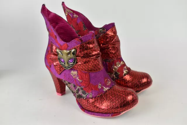 BNIB Irregular Choice Ankle Boots Miaow Red Woven Shiny Fabric with Cat Size UK6