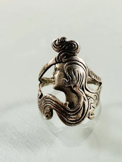 Antique 925 Sterling Silver Art Deco Detailed Lady Face Ring Size 7.75