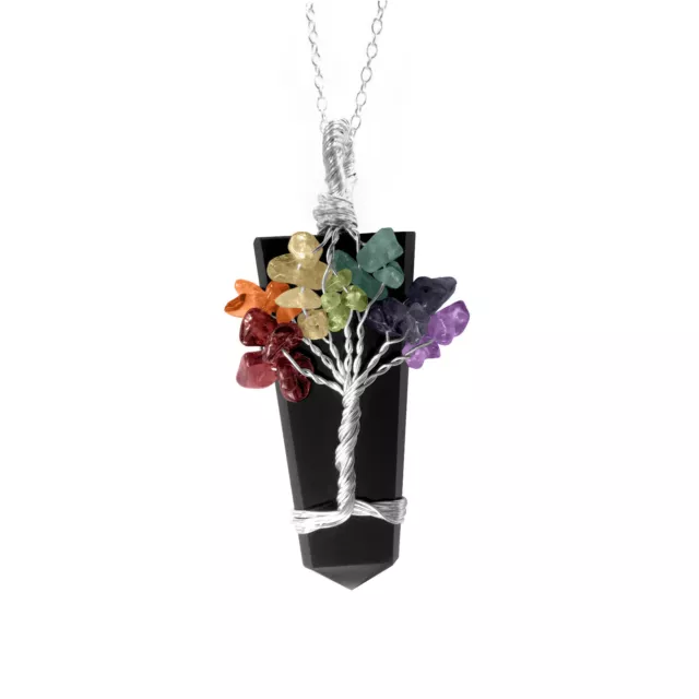 Obsidian Crystal Tree Of Life Chakra Pendant Silver Wire Wrap Gemstone Necklace 2