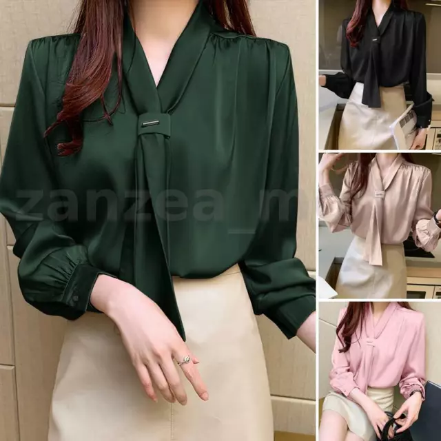 UK Women Slim Fit Office Ladies Work Tops Blouse Satin Long Sleeve V Neck Shirts