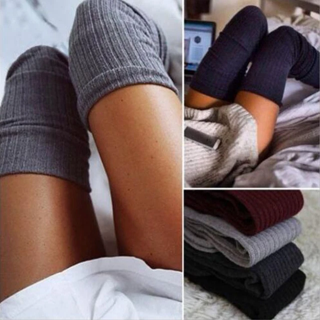 Womens Over Knee Thigh High Socks Knitted Striped Long Boot Sock Warm Stocking