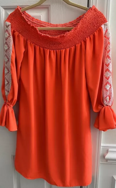 VaVa by Joy Han Off the Shoulder Orange Embroidered Sleeves Dress Tunic Medium