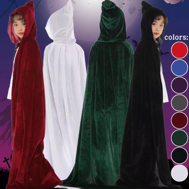 Hooded Velvet Cloak Robe Medieval Witchcraft Cape Costume Halloween Fancy Dress