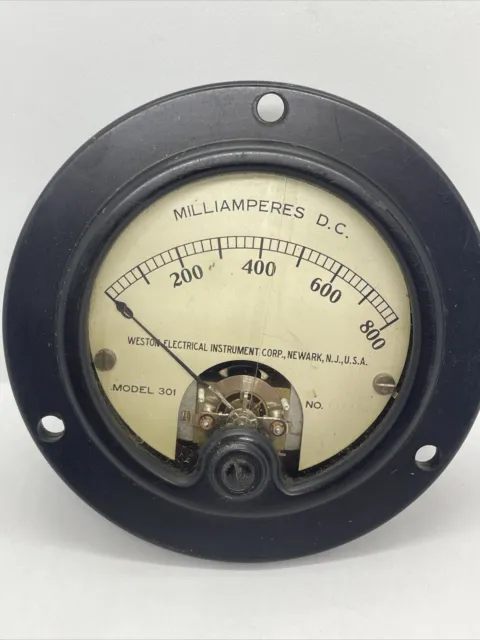 Vintage Weston Electrical Instrument Model 301 Gauge 0-800 Milliamperes DC Meter