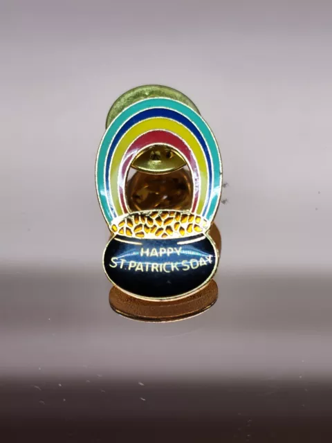 Vintage Happy St Patricks  Day   Rainbow & Pot Of Gold Lapel Hat or Vest Pin