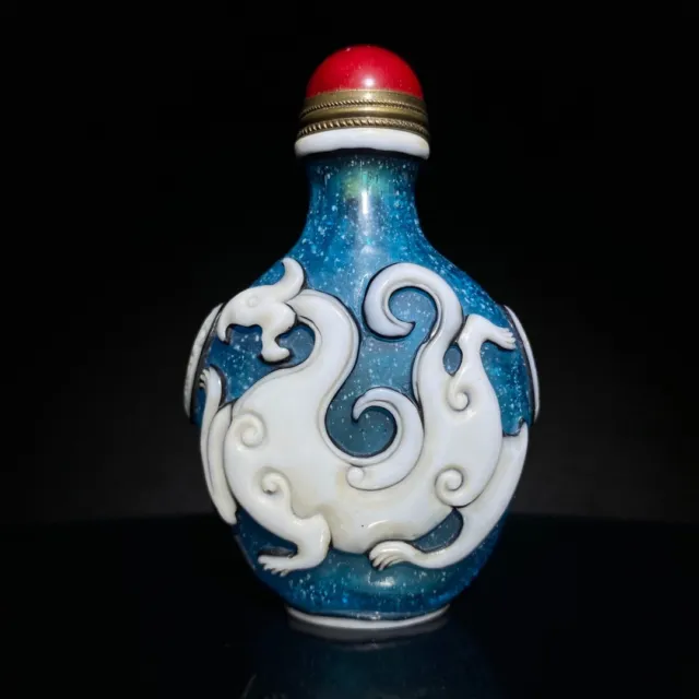 Collect old noble Coloured glaze carved Dragon Phoenix statue snuff bottle