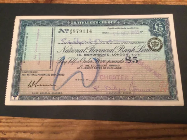 National Provincial Bank Travellers Cheque 26/9/63 £5 issued Chester J/2 879114